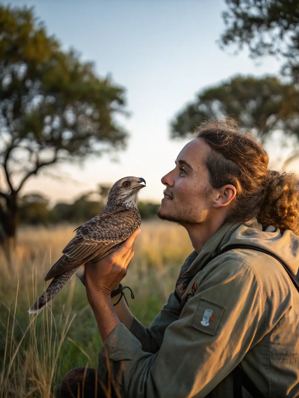 A close-up shot of a child releasing a rescued bird back into the wild, emphasizing the educational aspect and the care for wildlife promoted by the Morgan Duke Conservation Society.