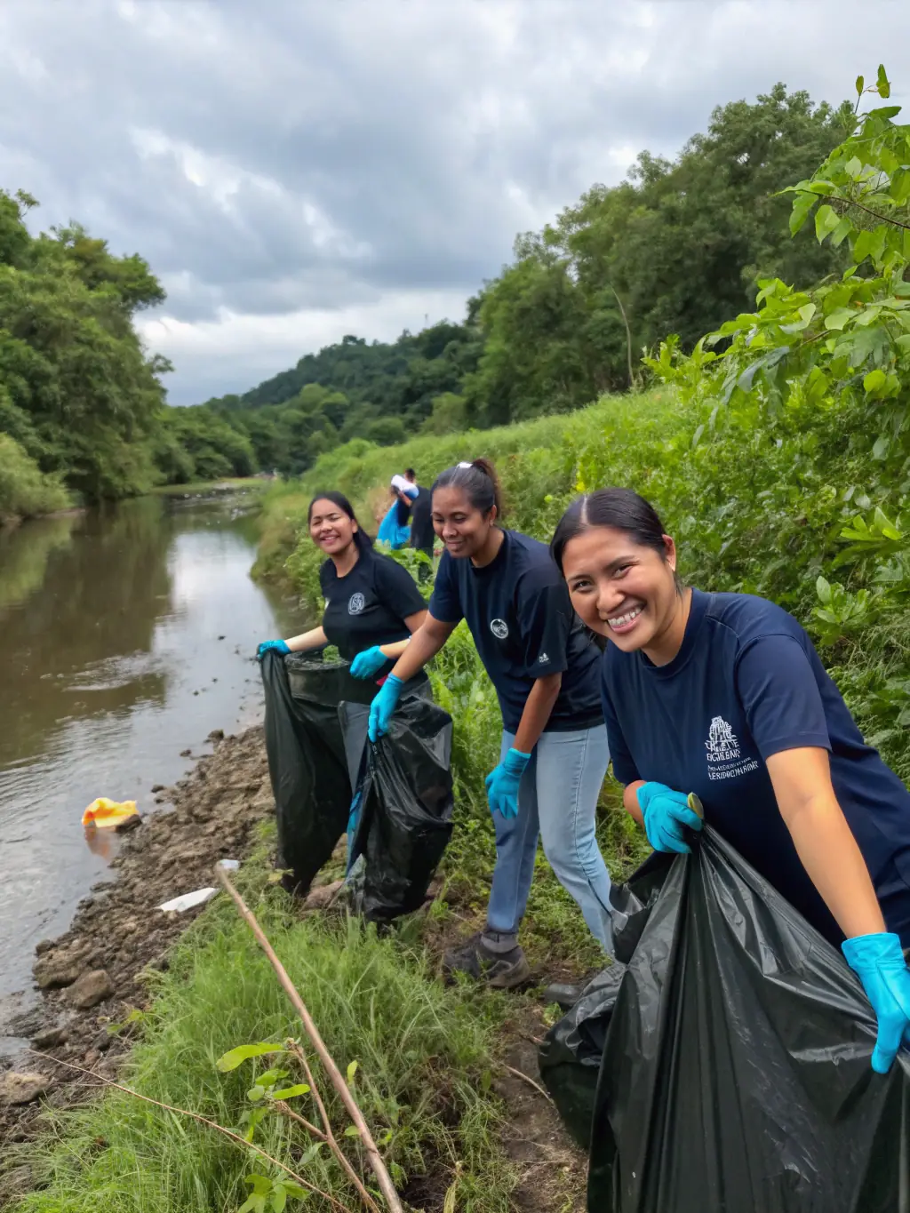 Volunteers cleaning up a polluted riverbank, highlighting the community involvement and the tangible results of the Morgan Duke Conservation Society's efforts.
