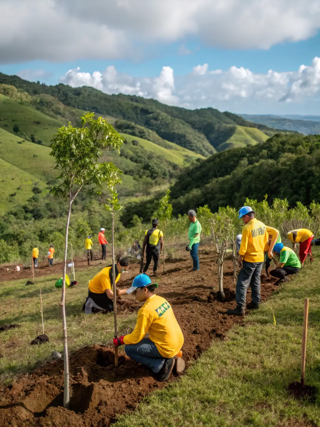 A group of volunteers planting trees in a deforested area, focusing on their teamwork and the positive impact on the environment. The scene is bright and hopeful, showcasing the hands-on approach of the Morgan Duke Conservation Society.